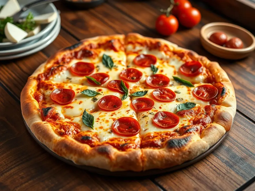 A large deep-dish pizza with fresh ingredients on a rustic wooden table.