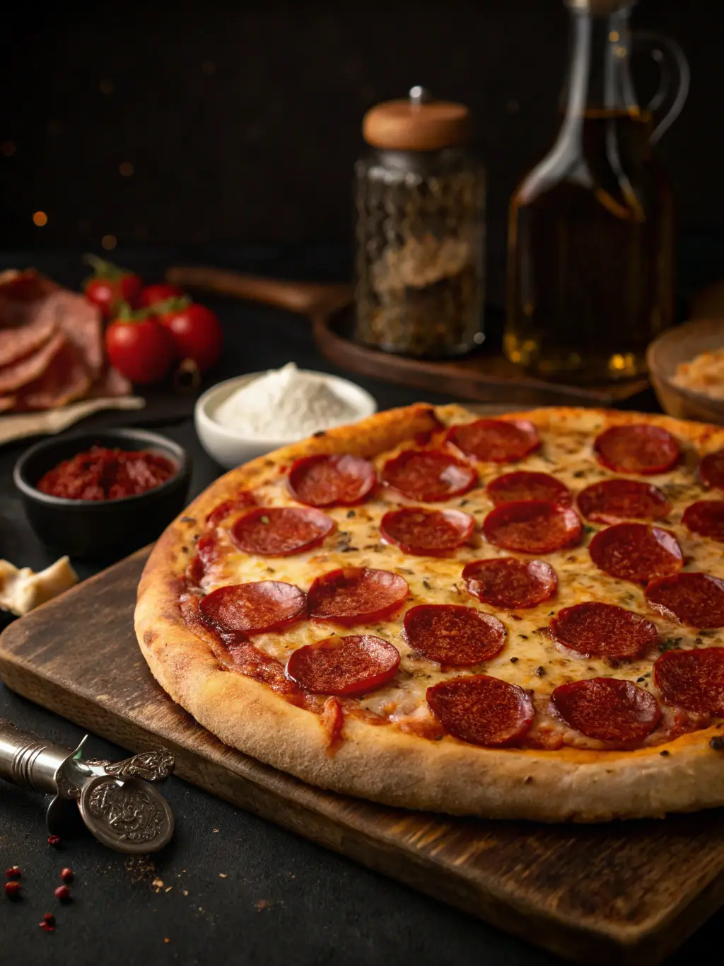 A large deep-dish pizza with melted cheese and pepperoni on a rustic wooden table.