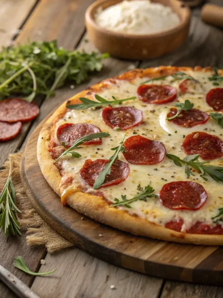 A mouth-watering image of a thin-crust pizza with a crispy base, topped with fresh basil leaves, ripe tomatoes, garlic, and a drizzle of olive oil, showcasing its light and flavorful profile.