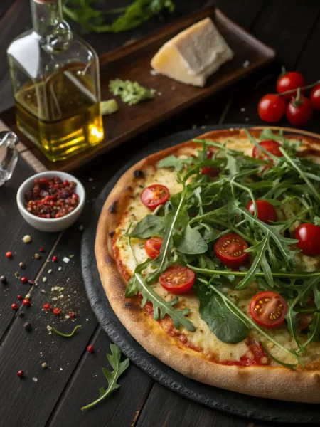 An enticing photo of a specialty pizza featuring unique toppings such as roasted vegetables, goat cheese, artichoke hearts, and a balsamic glaze, highlighting its gourmet appeal.