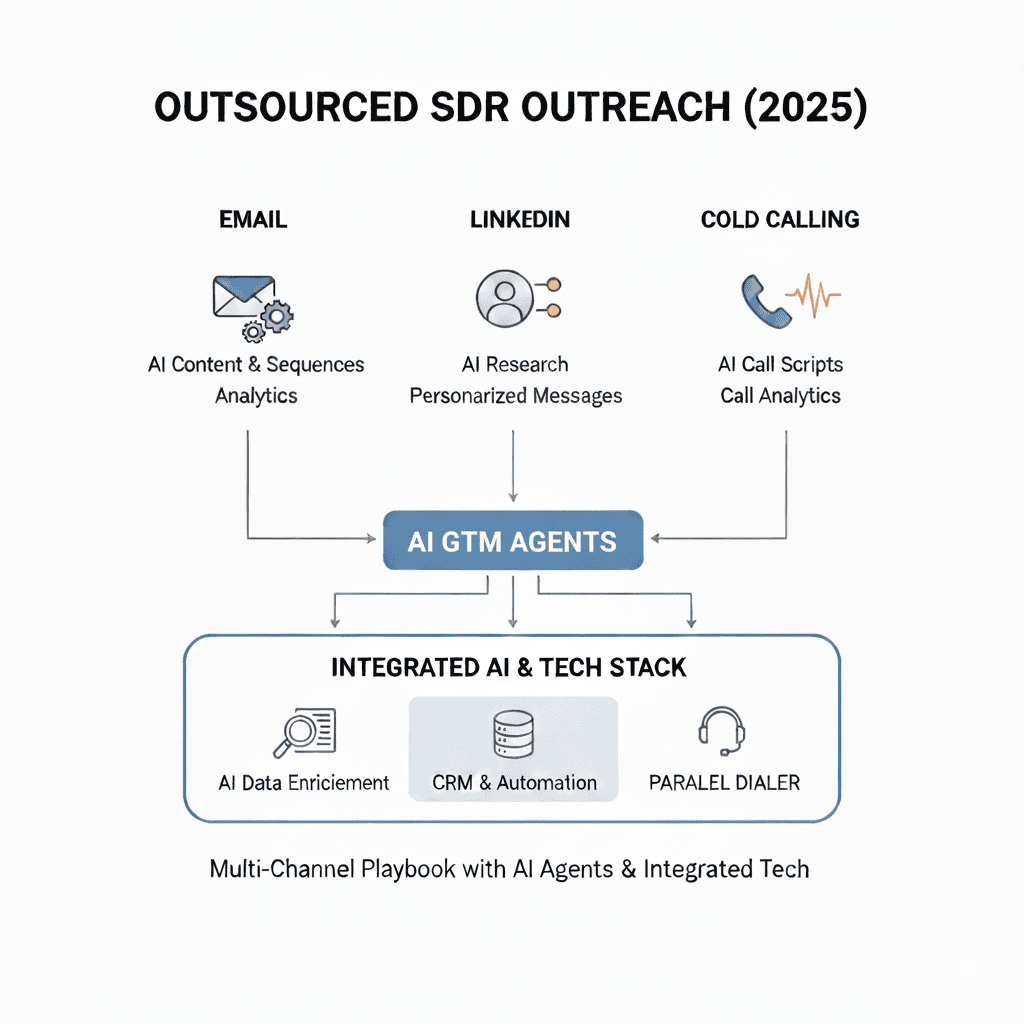 Diagram of multi-channel outsourced SDR services: email warming, LinkedIn credibility, and parallel dialing calls supported by AI research and deliverability