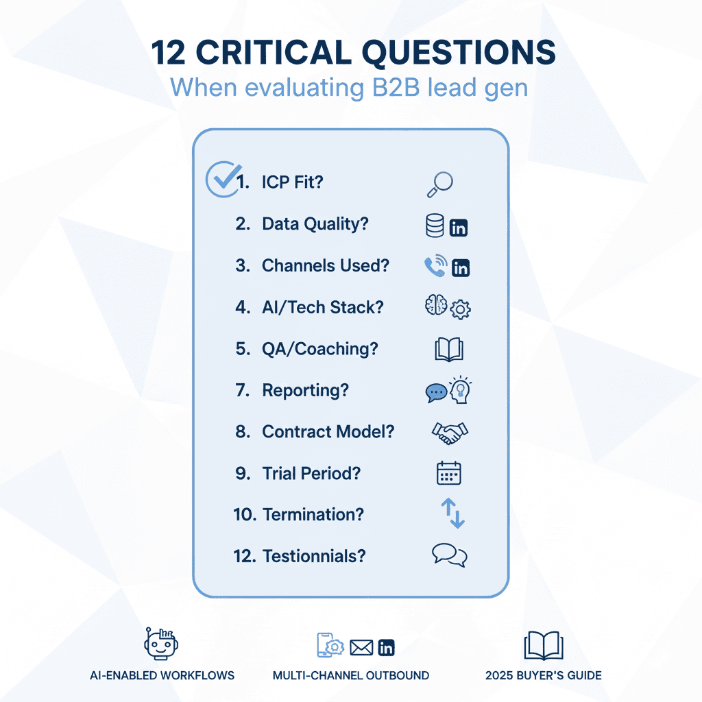 12 questions to evaluate outsourced B2B lead generation partners—ICP fit, data quality, channels used (email, LinkedIn, phone), AI/tech stack, QA/coaching, reporting, contract model, trial, termination, and testimonials—2025 buyer’s guide.