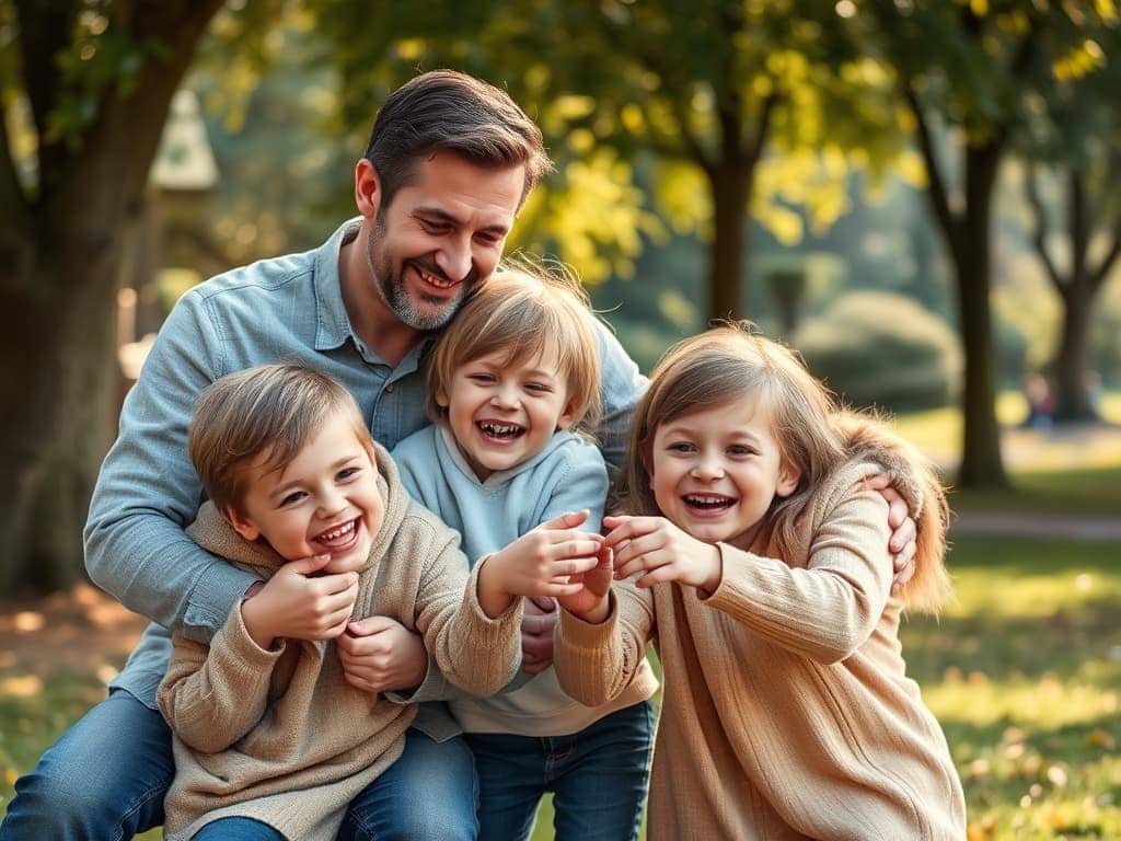 A man holding on to his three young children