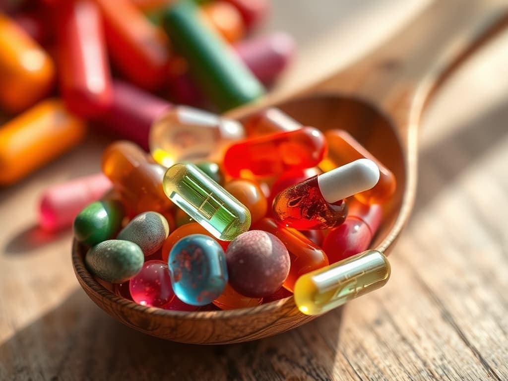 A pile of vitamins on a wooden spoon