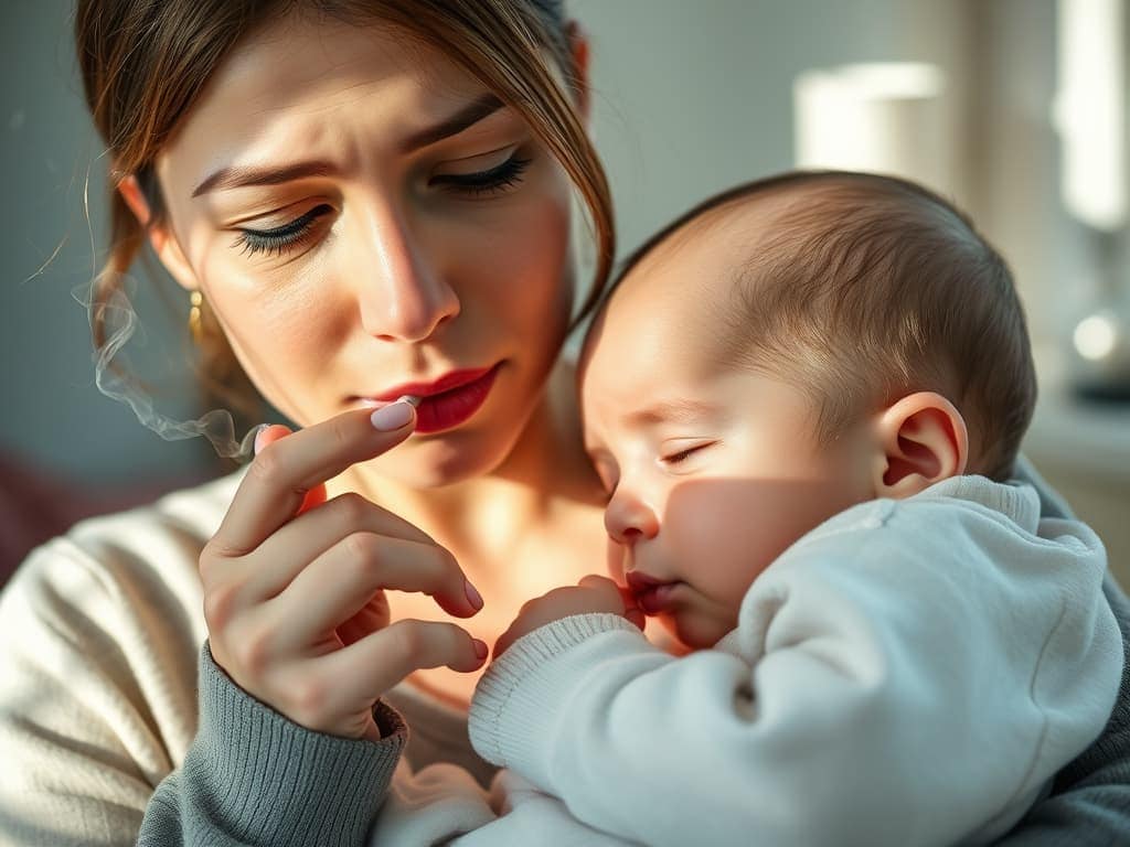 A mother smoking whilst holding her baby