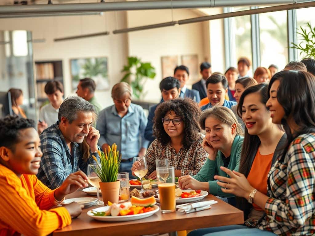 A happy group of people eating and chatting together - all very middle class