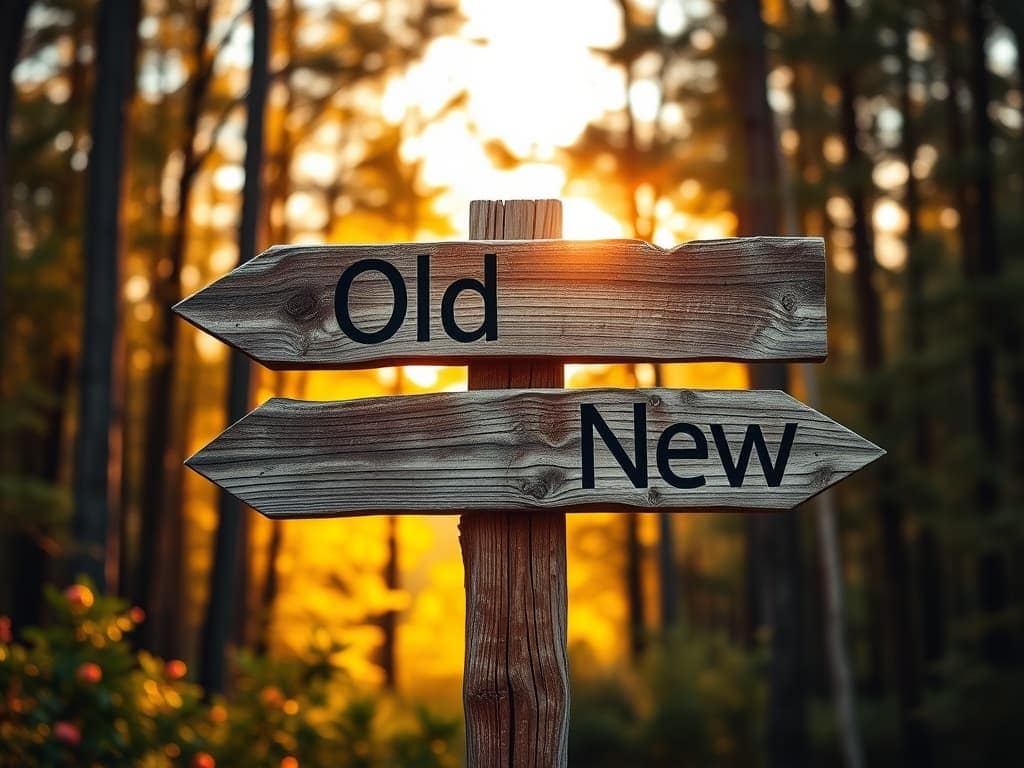 A sign with two directions; one way says "old". the other "new"