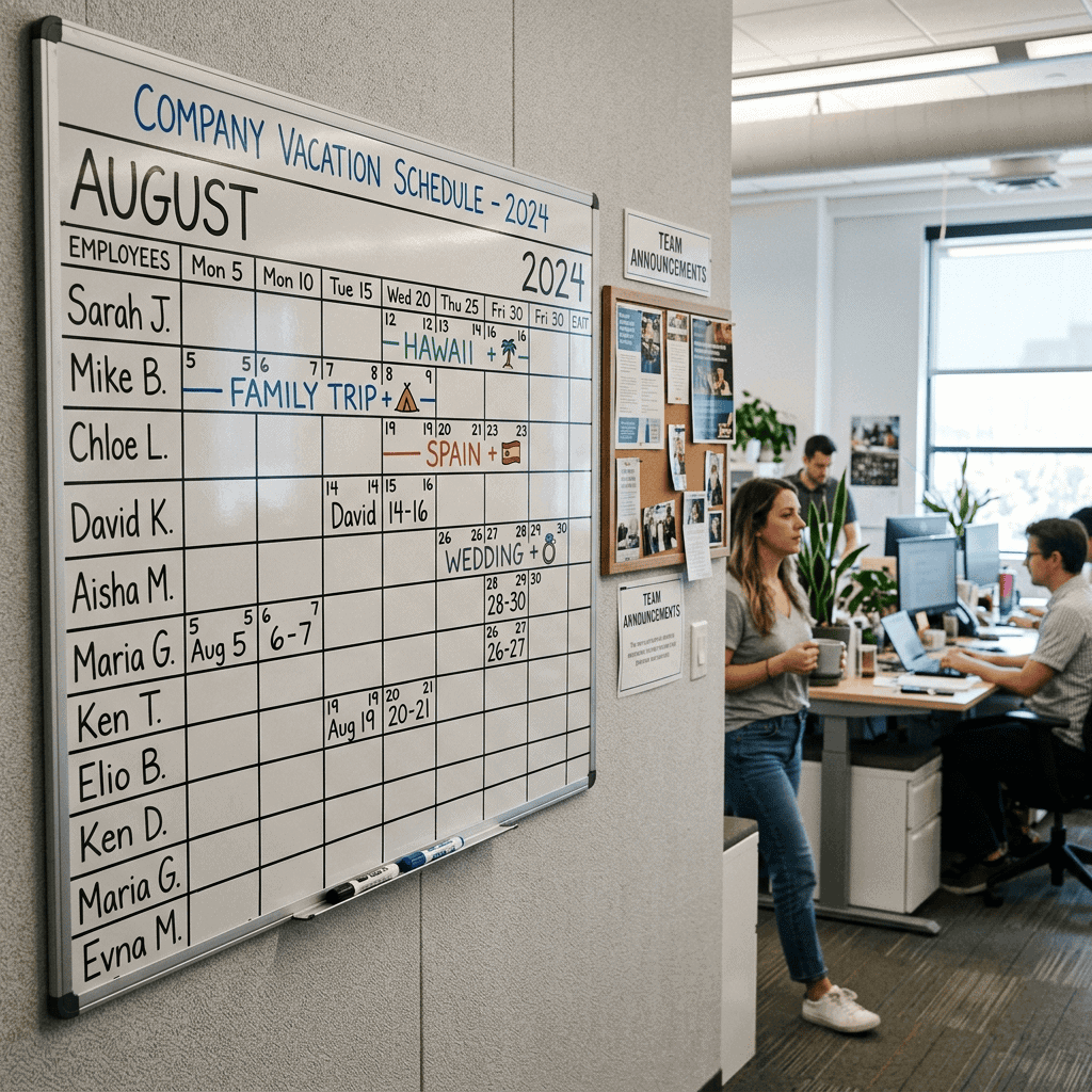 Whiteboard listing August 2024 employee vacation dates and destinations in an office setting
