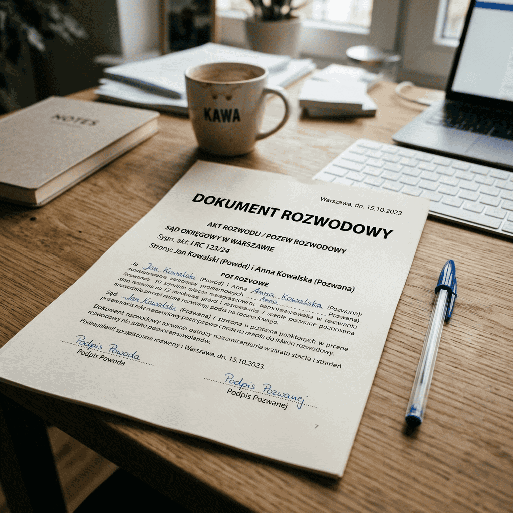 Polish divorce document with signatures on a wooden desk, accompanied by pen, coffee mug, notebook, and laptop keyboard