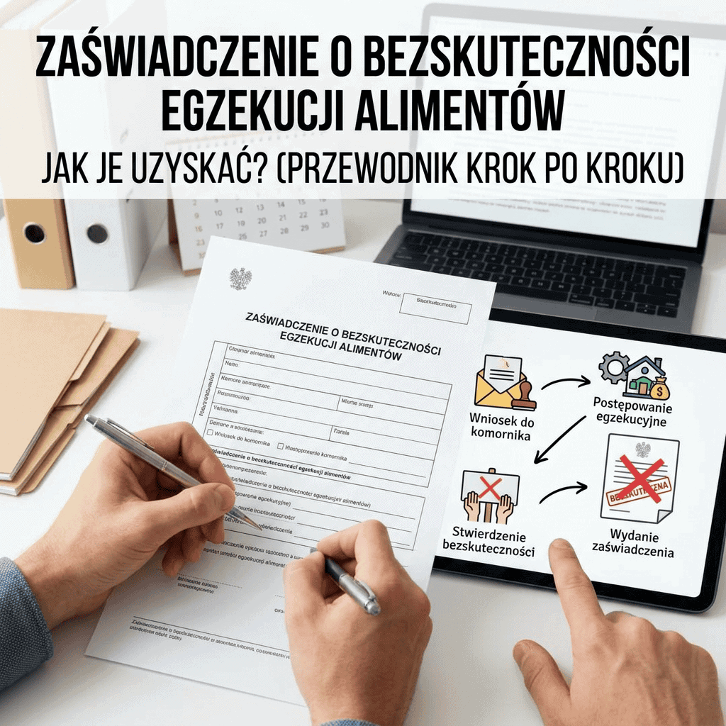Zaświadczenie o bezskuteczności egzekucji alimentów — jak je uzyskać? Przewodnik krok po kroku. Wniosek do komornika, postępowanie egzekucyjne, stwierdzenie bezskuteczności, wydanie zaświadczenia.
