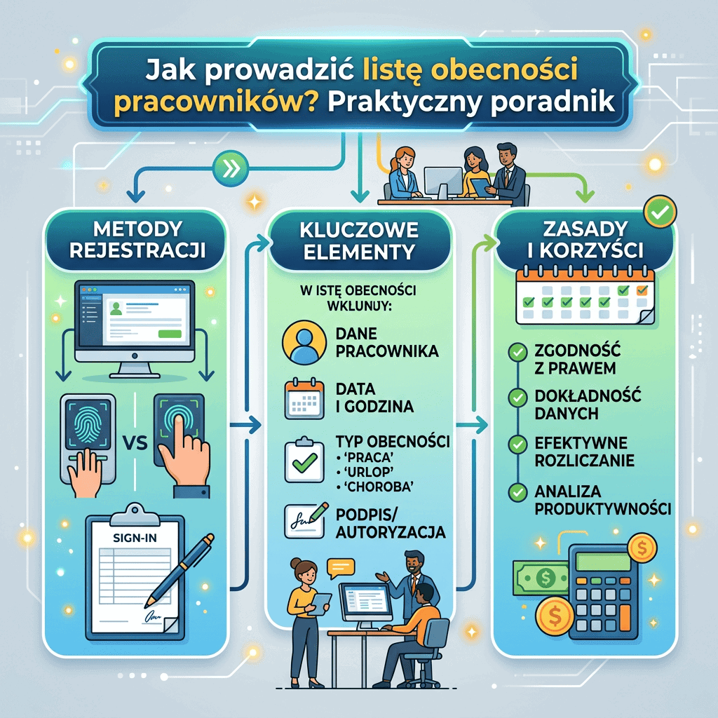 Infografika „Jak prowadzić listę obecności pracowników? Praktyczny poradnik” z metodami, elementami i korzyściami