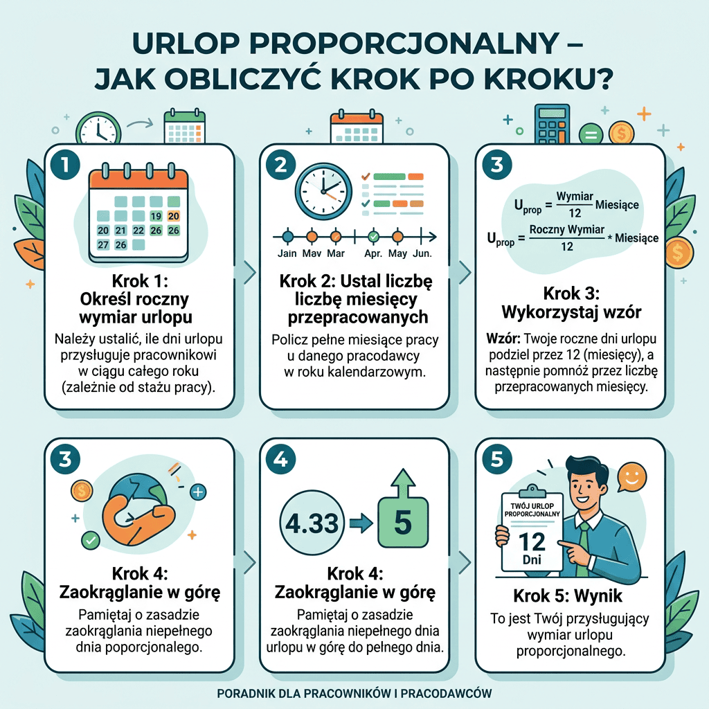Infografika „URLOP PROPORCJONALNY – JAK OBLICZYĆ KROK PO KROKU?” przedstawia ustalenie rocznego wymiaru urlopu, policzenie przepracowanych miesięcy, wzór: roczny wymiar urlopu podzielony przez 12 i pomnożony przez liczbę miesięcy, zaokrąglenie w górę oraz wynik.