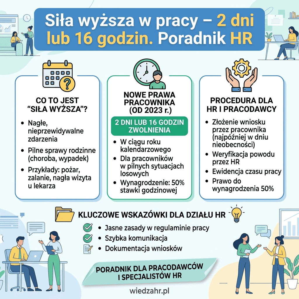Infografika: „Siła wyższa w pracy – 2 dni lub 16 godzin. Poradnik HR”. Co to jest „siła wyższa”? Nagłe, nieprzewidywalne zdarzenia; pilne sprawy rodzinne (choroba, wypadek); przykłady: pożar, zalanie, nagła wizyta u lekarza. Nowe prawa pracownika (od 2023 r.): 2 dni lub 16 godzin zwolnienia, w ciągu roku kalendarzowego, dla pracowników w pilnych sytuacjach losowych, wynagrodzenie 50% stawki godzinowej. Procedura dla HR i pracodawcy: złożenie wniosku przez pracownika (najpóźniej w dniu nieobecności), weryfikacja powodu przez HR, ewidencja czasu pracy, prawo do wynagrodzenia 50%. Kluczowe wskazówki dla działu HR: jasne zasady w regulaminie pracy, szybka komunikacja, dokumentacja wniosków. Poradnik dla pracodawców i specjalistów HR, wiedzahl.pl.