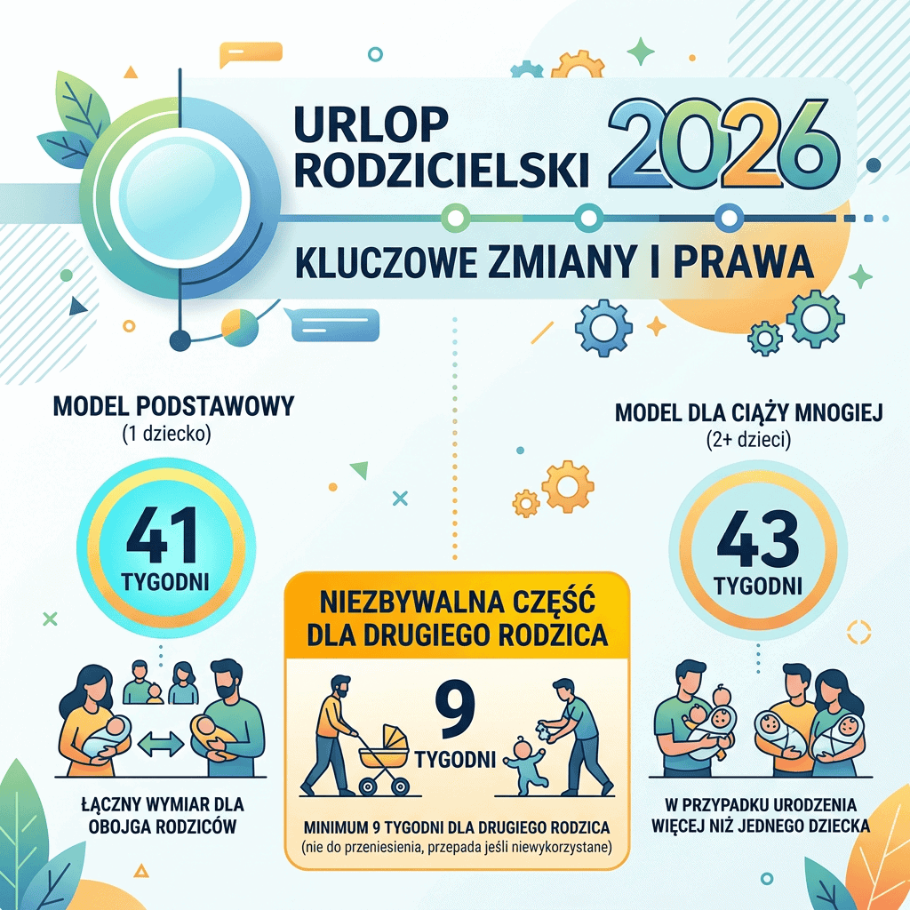 Infografika „URLOP RODZICIELSKI 2026 – KLUCZOWE ZMIANY I PRAWA”: 41 tygodni dla jednego dziecka, 43 tygodnie przy ciąży mnogiej, 9 tygodni nieprzenoszalnej części dla drugiego rodzica.