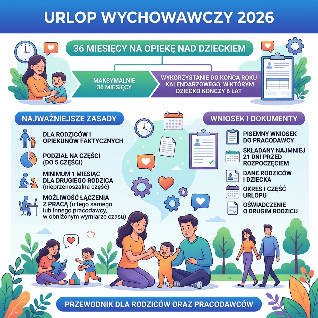 Infografika „URLOP WYCHOWAWCZY 2026” z zasadami, terminami i dokumentami dla rodziców oraz pracodawców.