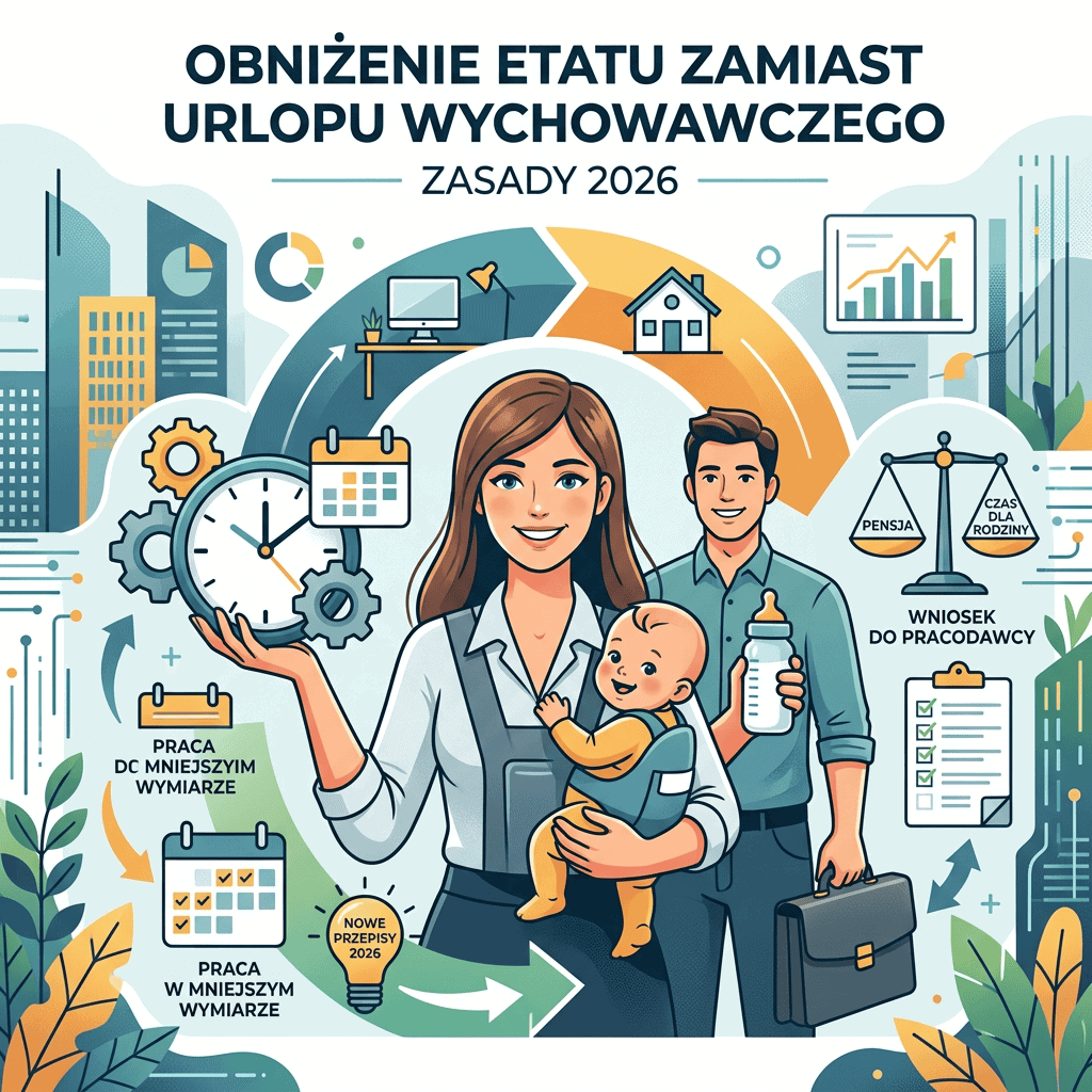 Infografika: OBNIŻENIE ETATU ZAMIAST URLOPU WYCHOWAWCZEGO, ZASADY 2026; pensja, czas dla rodziny, wniosek do pracodawcy, praca w mniejszym wymiarze, nowe przepisy 2026.