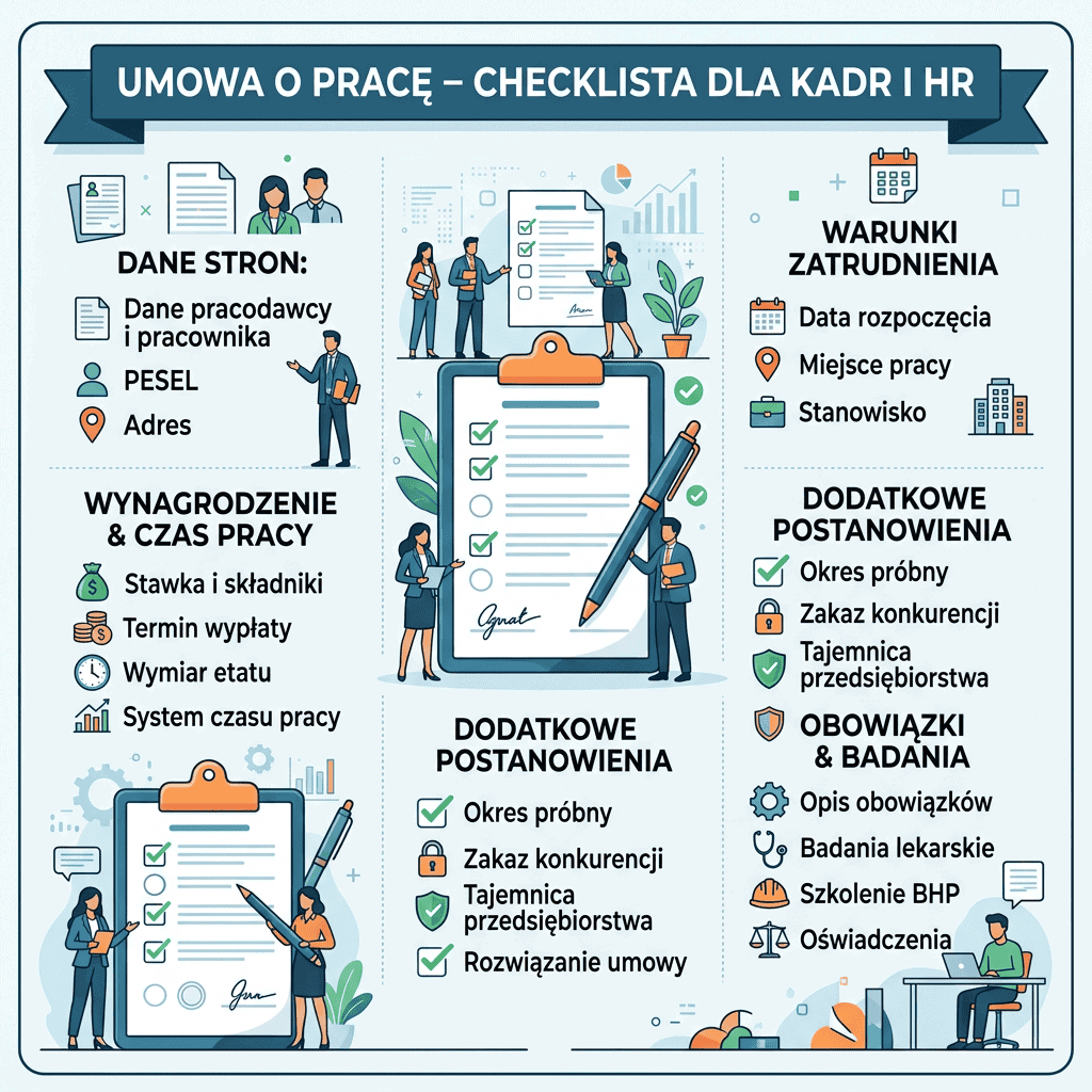 Infografika „UMOWA O PRACĘ – CHECKLISTA DLA KADR I HR” z sekcjami: dane stron, wynagrodzenie i czas pracy, warunki zatrudnienia, dodatkowe postanowienia oraz obowiązki i badania.