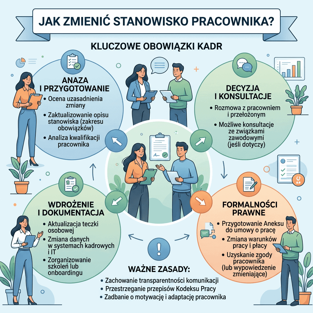 Infografika „JAK ZMIENIĆ STANOWISKO PRACOWNIKA?” przedstawia „KLUCZOWE OBOWIĄZKI KADR”: „ANALIZA I PRZYGOTOWANIE” — ocena uzasadnienia zmiany, zaktualizowanie opisu stanowiska (zakresu obowiązków), analiza kwalifikacji pracownika; „DECYZJA I KONSULTACJE” — rozmowa z pracownikiem i przełożonym, możliwe konsultacje ze związkami zawodowymi (jeśli dotyczy); „FORMALNOŚCI PRAWNE” — przygotowanie aneksu do umowy o pracę, zmiana warunków pracy i płacy, uzyskanie zgody pracownika (lub wypowiedzenie zmieniające); „WDROŻENIE I DOKUMENTACJA” — aktualizacja teczki osobowej, zmiana danych w systemach kadrowych i IT, zorganizowanie szkoleń lub onboardingu. „WAŻNE ZASADY”: zachowanie transparentności komunikacji, przestrzeganie przepisów Kodeksu Pracy, zadbanie o motywację i adaptację pracownika.