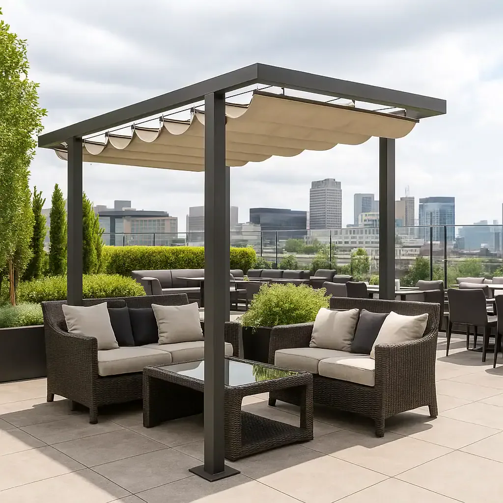 Modern rooftop pergola with retractable fabric canopy and luxury outdoor furniture overlooking downtown city skyline. Contemporary aluminum pergola structure featuring adjustable shade system, wicker patio seating with neutral cushions, and glass coffee table on upscale rooftop terrace. Premium outdoor living space with motorized retractable awning, commercial-grade patio furniture, landscaped planters, and panoramic urban views from high-rise building rooftop deck.