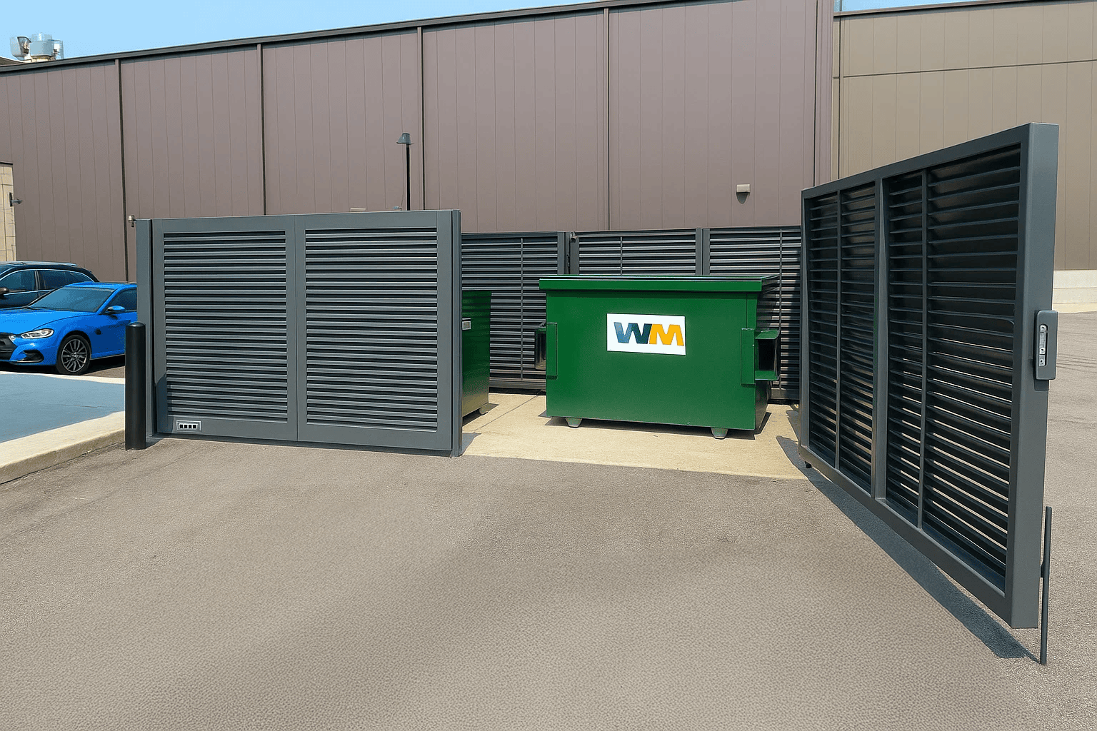 Dark grey aluminum louvered dumpster enclosure around waste management dumpster with one of the swing gates in the parking lot of a brown and tan building