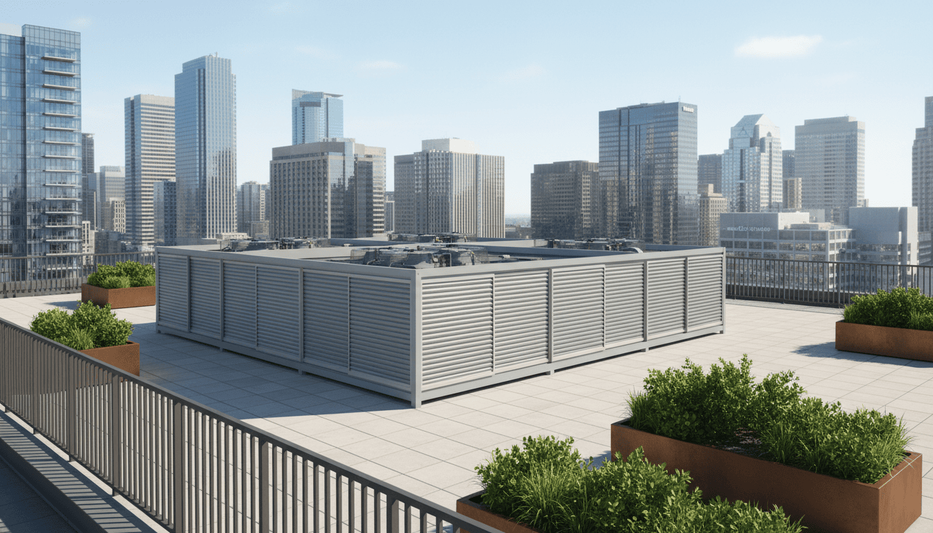 Gray louvered rooftop screening mounted on a brick-and-mortar apartment complex.