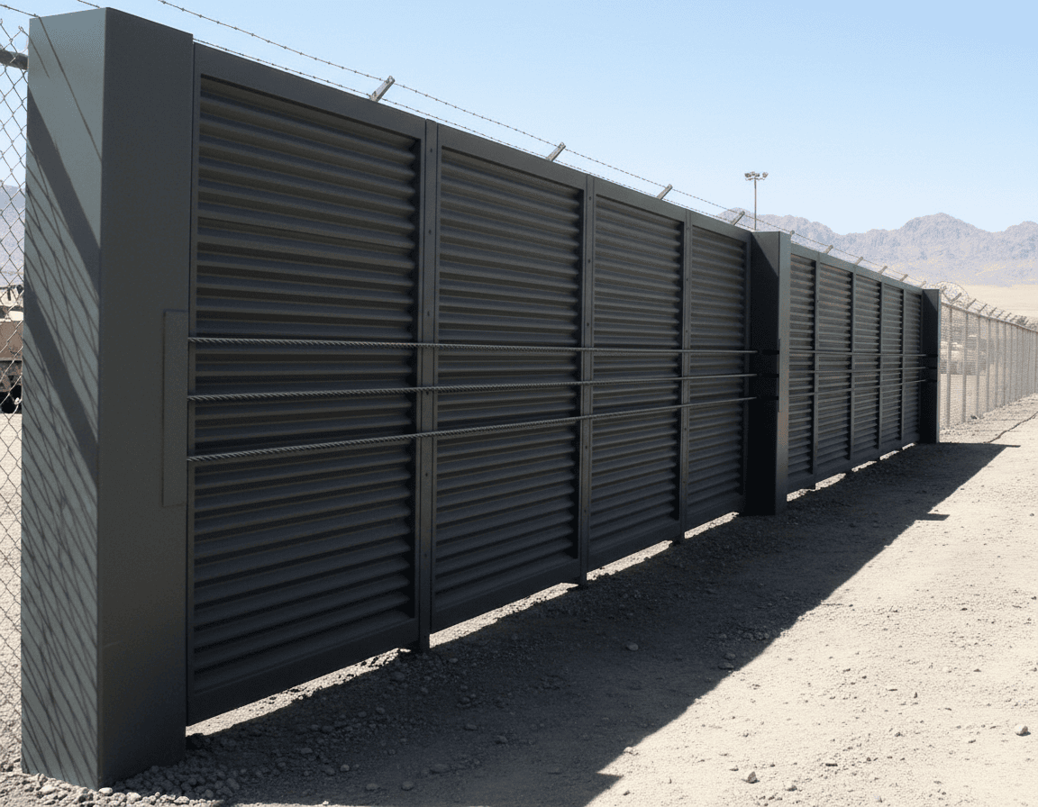 Crash rated corrugated security screen enclosure with cable barrier system protecting commercial HVAC condensing unit on rooftop. High-security aluminum louver fence panels with impact-resistant design and steel cable reinforcement surrounding air conditioning equipment. Professional crash-tested equipment screening featuring horizontal louver construction, galvanized steel framework, and anti-ram barrier protection for critical infrastructure security at commercial office building.