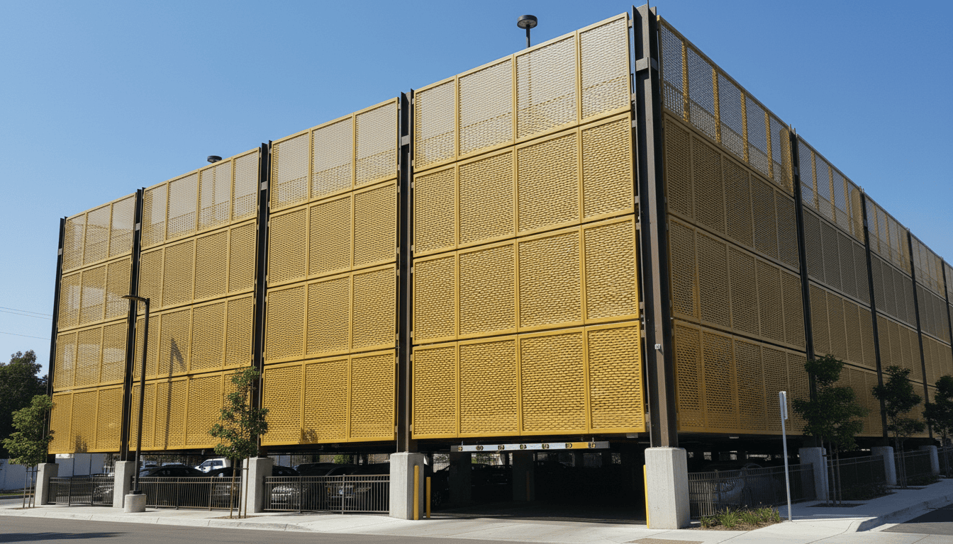 Crash rated corrugated security screen enclosure with cable barrier system protecting commercial HVAC condensing unit on rooftop. High-security aluminum louver fence panels with impact-resistant design and steel cable reinforcement surrounding air conditioning equipment. Professional crash-tested equipment screening featuring horizontal louver construction, galvanized steel framework, and anti-ram barrier protection for critical infrastructure security at commercial office building.