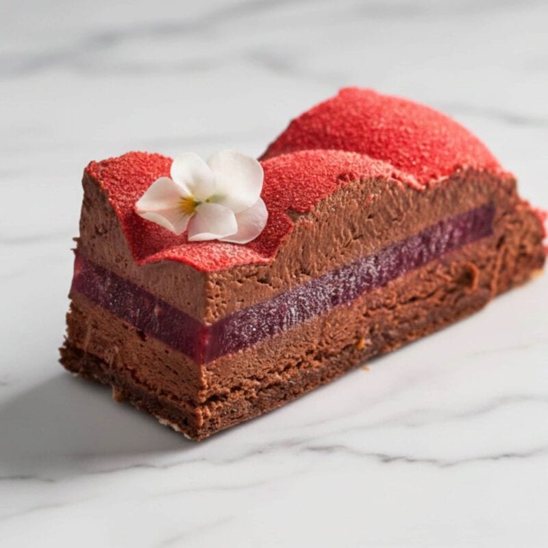 Prăjitură cu ciocolată și fructe, decorată elegant.