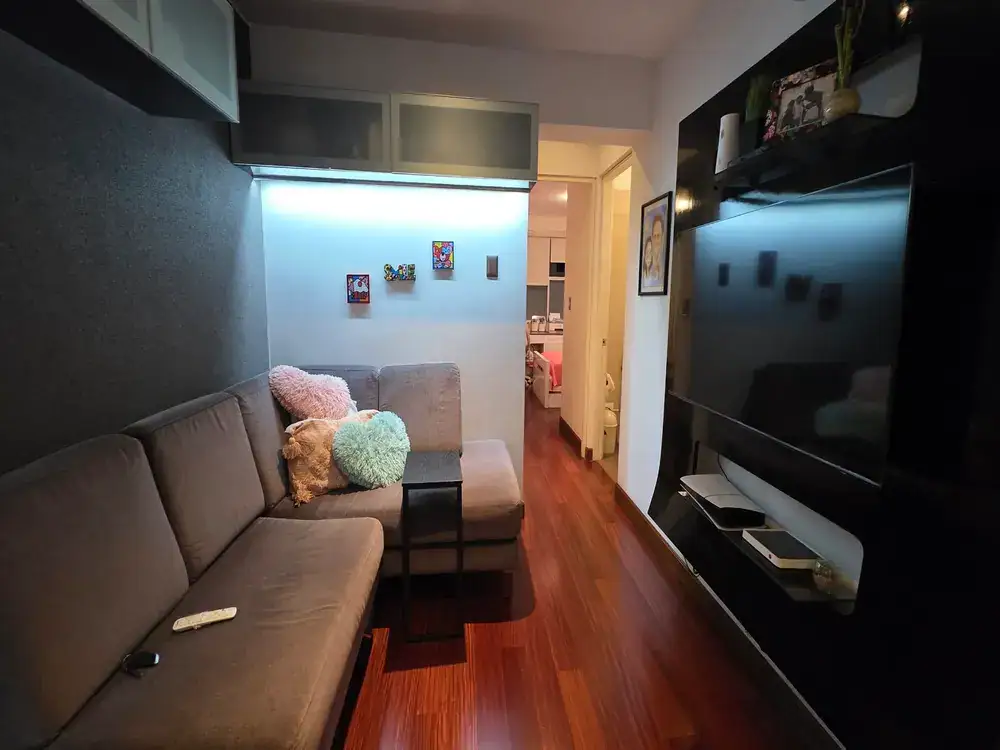 Cozy living room with an L-shaped gray sofa, pastel cushions, a small black coffee table, and a large flat-screen TV on a glossy black wall unit.