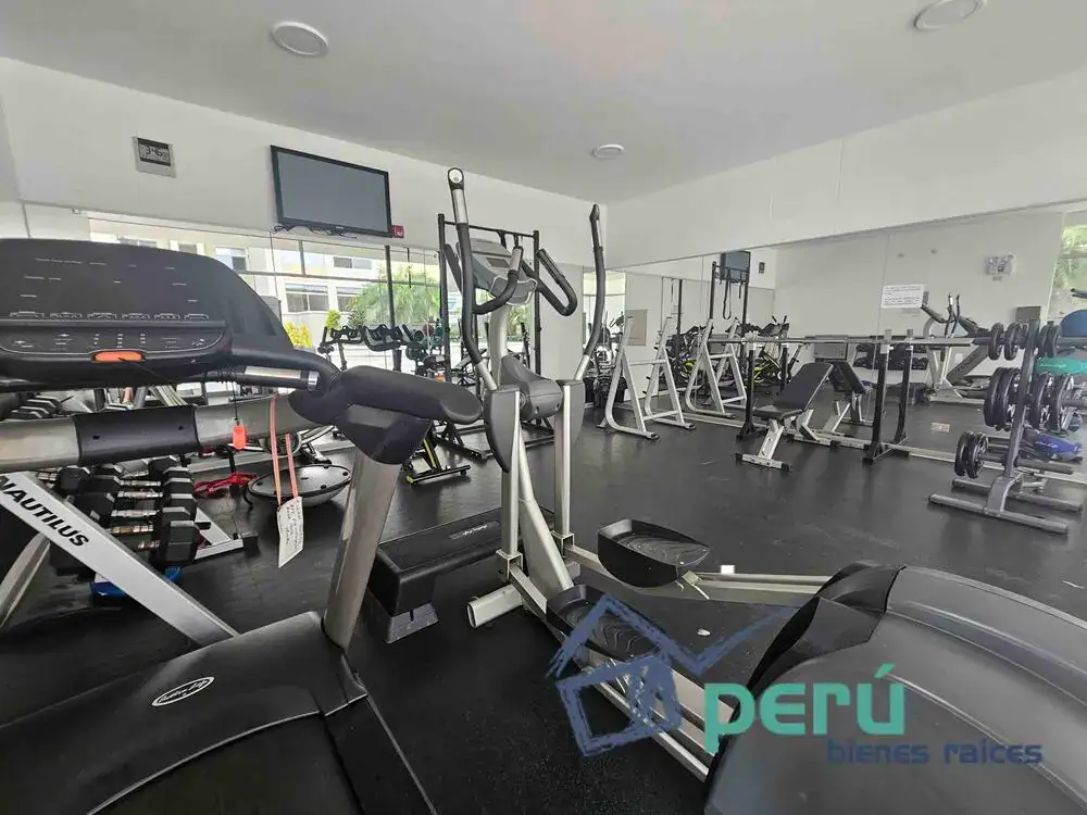 Fitness gym with treadmills and weight benches, mirrors along the back wall, bright space.