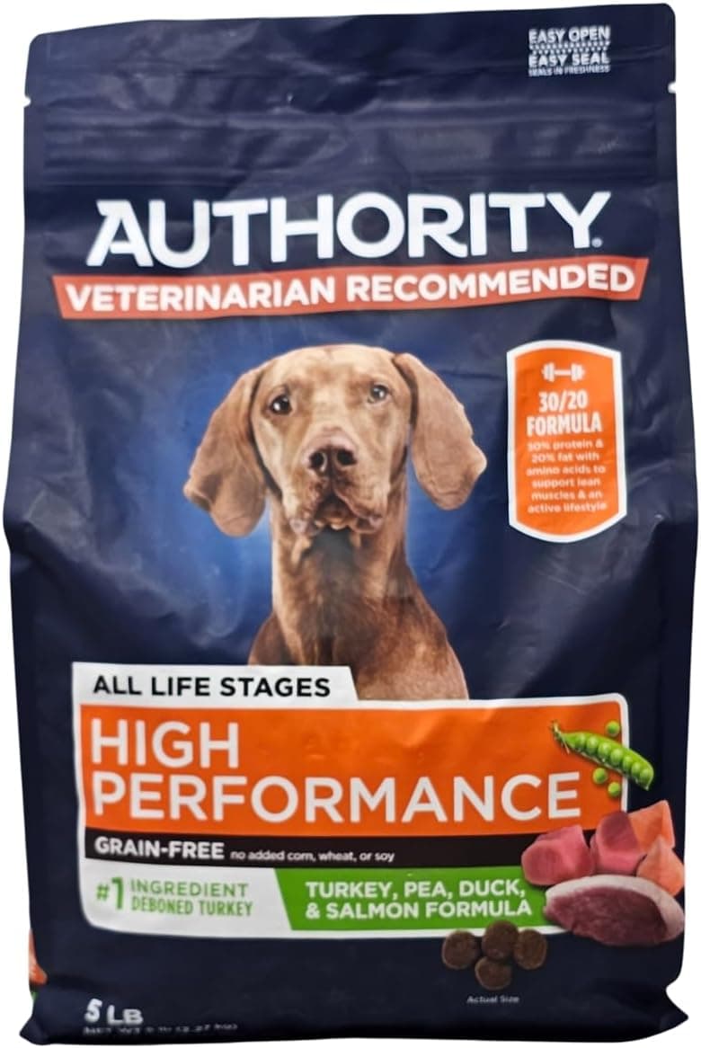 Authority High Performance Dry Dog Food with Turkey, Pea, Duck, and Salmon – 5 lb Bag