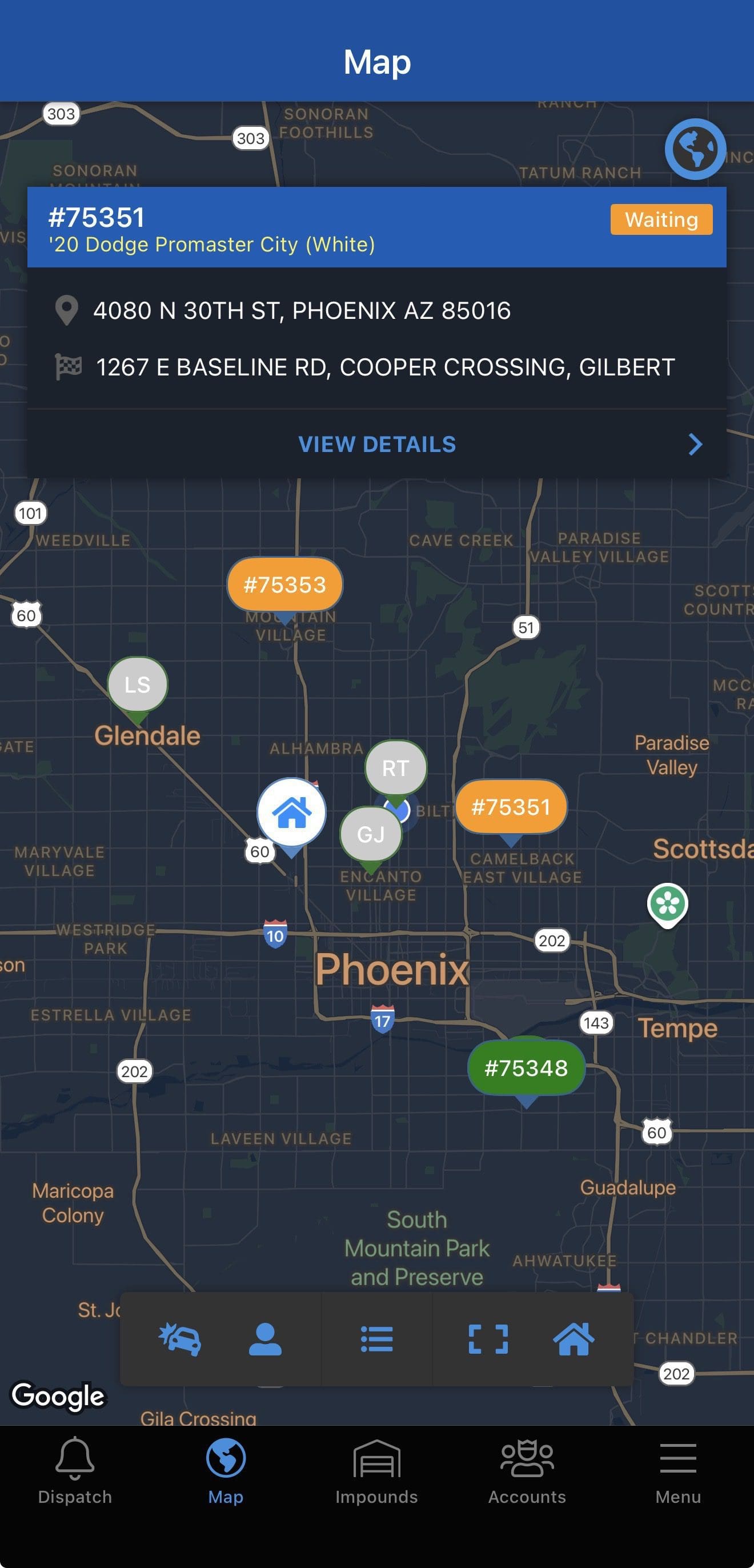 TowBook live dispatch map showing active tow trucks across the Phoenix Valley with real-time ETAs