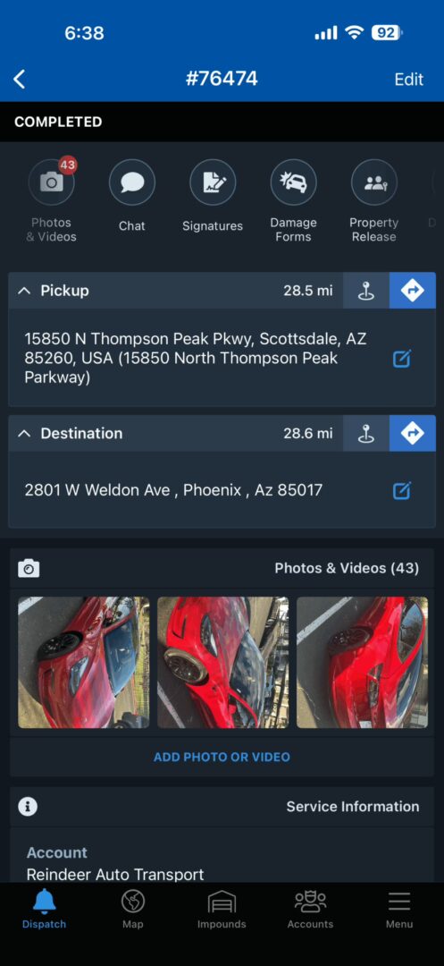 TowBook screenshot showing 43 photos documented during a towing service in Phoenix AZ - proof of comprehensive photo documentation
