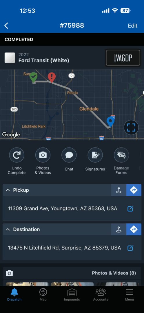TowBook fleet towing documentation showing GPS-stamped pickup and destination locations for a Cintas service call in Phoenix AZ