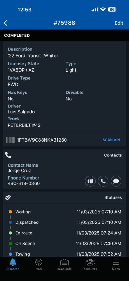 TowBook fleet towing screenshot showing driver information, truck assignment, VIN scan data, and vehicle details for corporate fleet accounts
