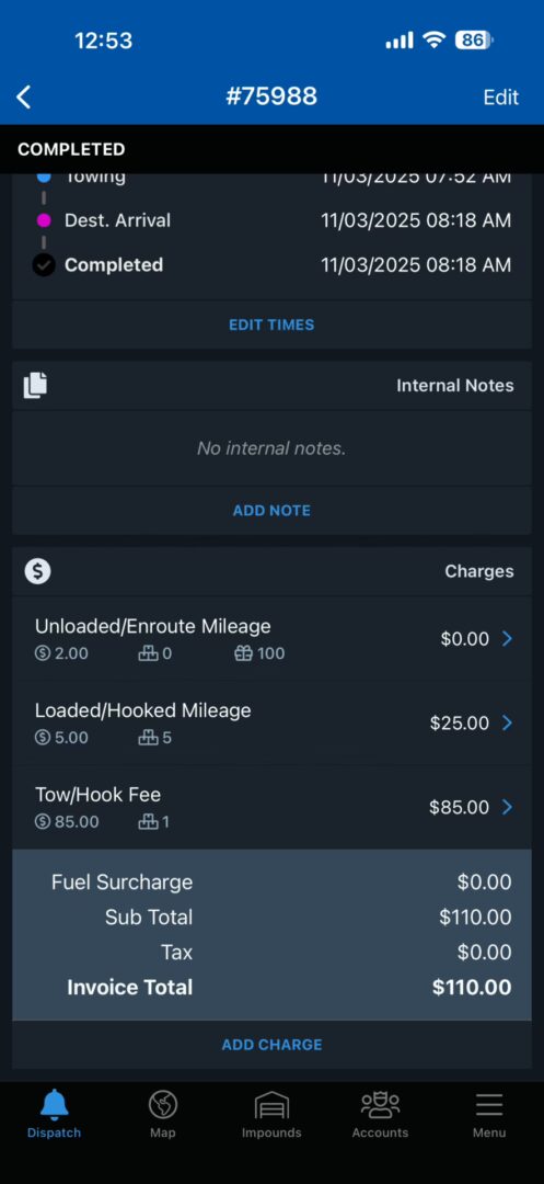 TowBook fleet towing invoice screenshot with loaded mileage charges, hook fee, and full cost breakdown for fleet billing