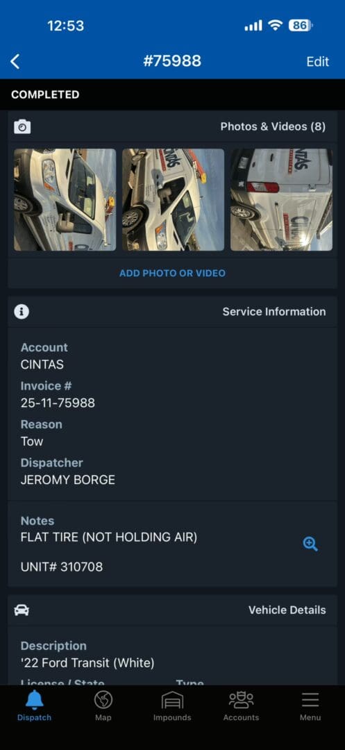 TowBook screenshot showing fleet vehicle photos, damage notes, and service details for a Cintas Ford Transit tow