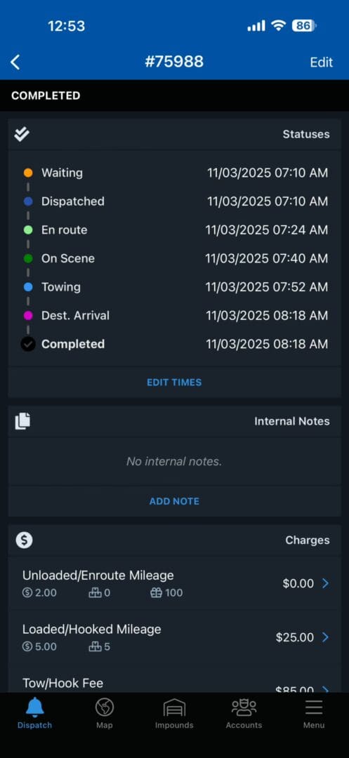 TowBook time-stamped fleet towing status timeline showing dispatched, en route, on scene, towing, destination arrival, and completed times