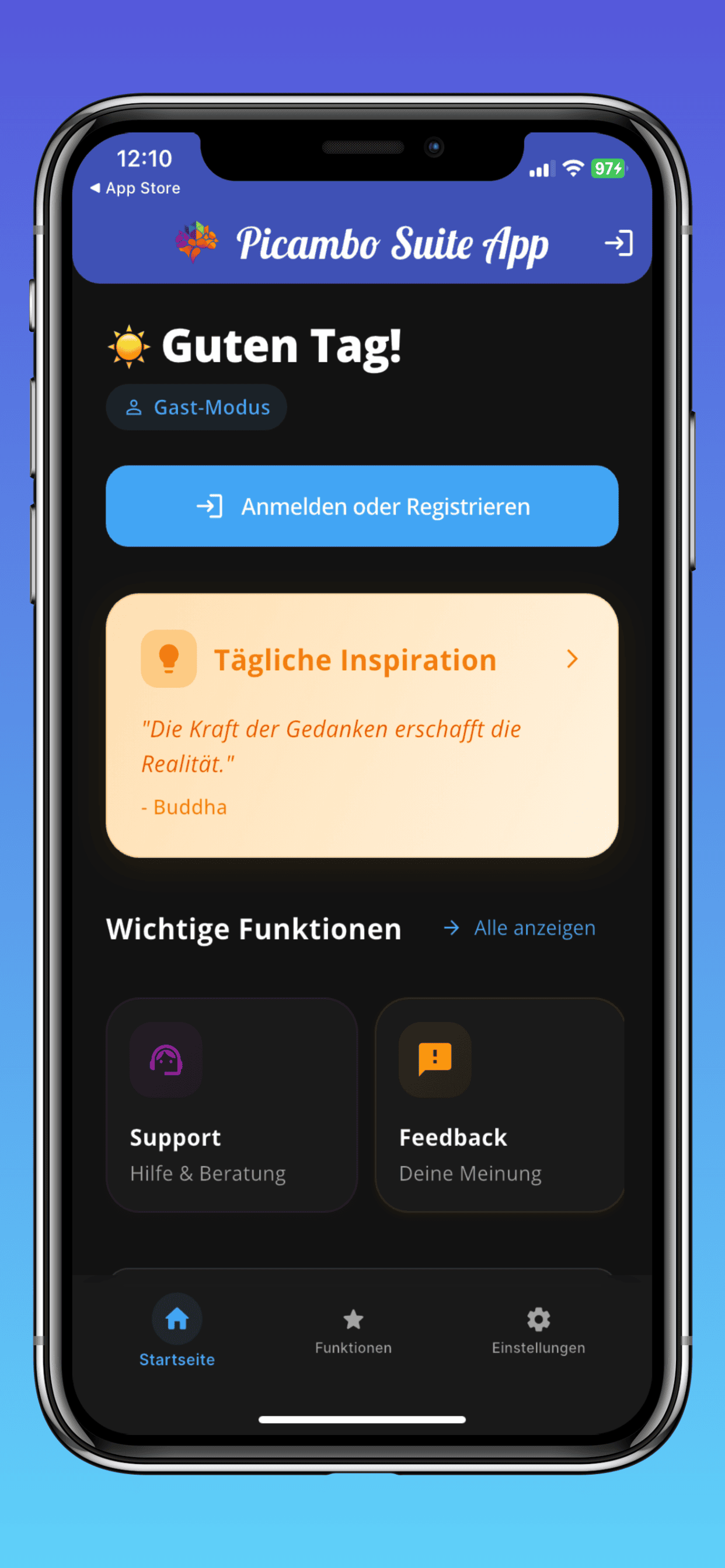 Screenshot der Startseite der Picambo Suite App auf einem iPhone – moderne All-in-One-Plattform für Kundenservice, Feedback, Support, tägliche Inspirationen und KI-basierte Funktionen. Die App unterstützt Nutzer im Gast-Modus mit intuitiver Benutzeroberfläche und ist Teil der digitalen Service-Strategie von Picambo für Webdesign-, App-Entwicklung- und KI-Dienstleistungen in Bad Hersfeld und Hessen.