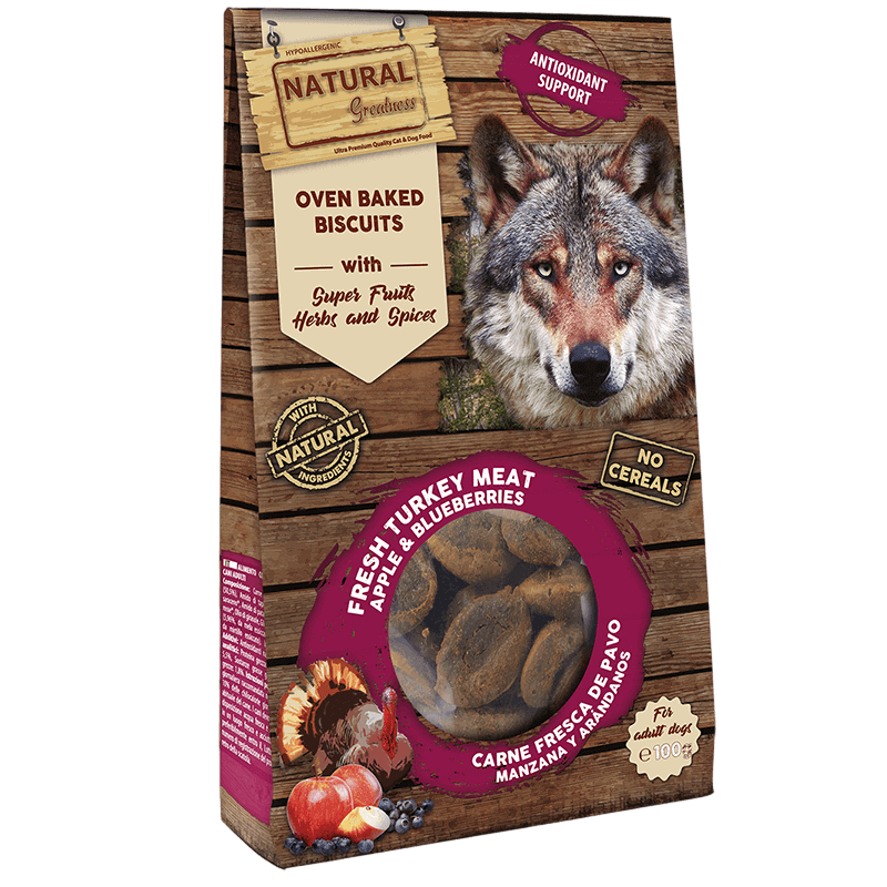 Natural Greatness Galletas Horneadas de Pavo, Manzana y Arándanos Antioxidante 100gr para Perros