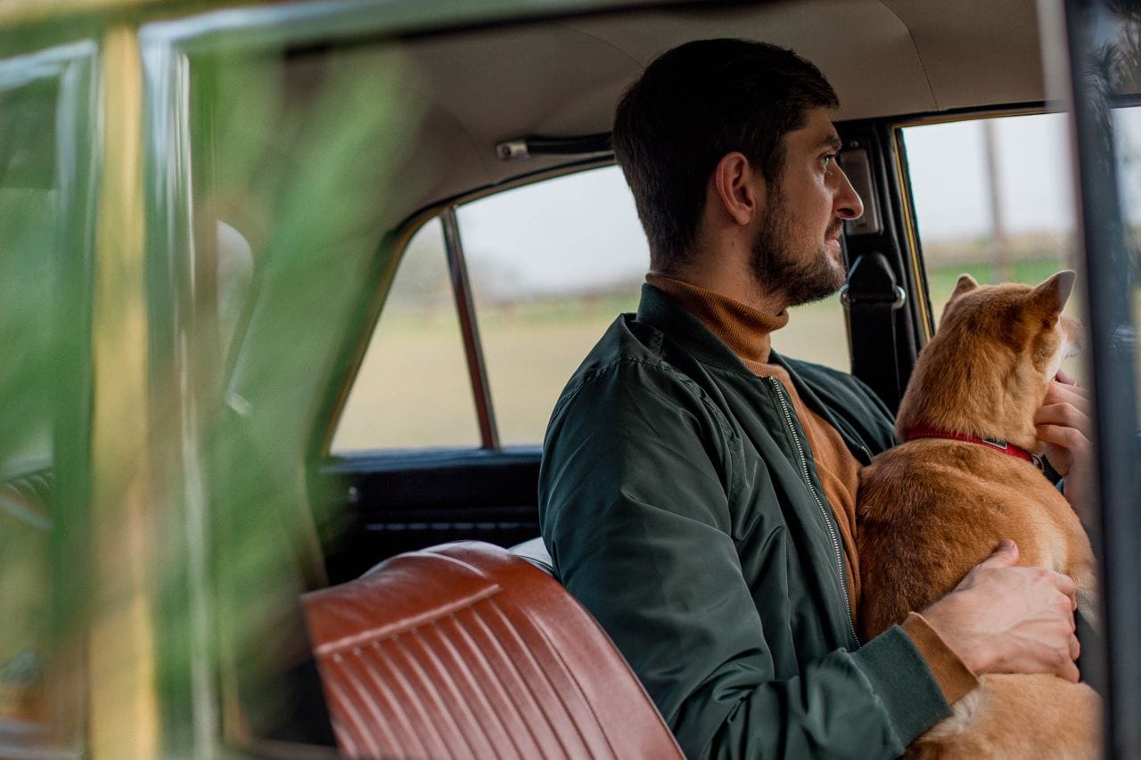 Persona y su perro dentro de un coche mirando por la ventana