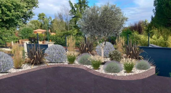 Conception d’un jardin méditerranéen à Baziège par Pierre Ô Jardin, avec bordures en acier Corten, paillage minéral calcaire, lavandes, graminées et olivier central pour un massif luxuriant au style naturel et ensoleillé.