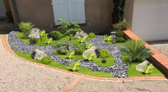 À Deyme, Pierre Ô Jardin imagine un petit jardin au charme exotique, conçu pour prolonger l’espace de la piscine et offrir un dépaysement immédiat. Le dallage en opus incertum, accompagné de joints en gazon, apporte un effet naturel et élégant. La végétation dense et tropicale structure la scène, transformant ce jardin intime en véritable coin de paradis au cœur de la région toulousaine.