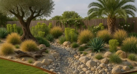 Plan conception jardin d’exposition signé Pierre Ô Jardin à Issus, dans le Lauragais : une rivière sèche en galets de Garonne serpente entre sable stabilisé, bordures en acier Corten et massifs de graminées dorées. L’olivier et le palmier Phoenix canariensis encadrent la scène, tandis que les agaves et euphorbes structurent un décor naturel inspiré des paysages côtiers méditerranéens. Un aménagement haut de gamme mêlant authenticité, lumière et élégance contemporaine.