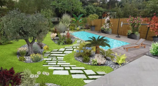 Conception d’un jardin exotique à Deyme réalisée par Pierre Ô Jardin, avec dallage en opus incertum et joints en gazon, autour d’une piscine, pour un petit espace transformé en oasis naturelle et dépaysante.