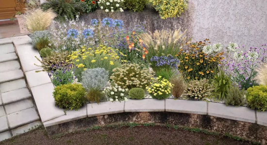 Petit massif fleuri à Goyrans, imaginé par Pierre Ô Jardin, paysagiste créateur en région toulousaine. Une composition naturelle mêlant graminées, verveine, agapanthes, achillées et lavandes dans un esprit champêtre méditerranéen. Le paillage calcaire renforce le caractère du jardin et rappelle les paysages du sud. Un aménagement sobre et lumineux qui s’intègre harmonieusement à l’entrée de la maison.
