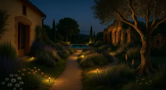 Jardin bucolique de nuit au gîte d’Eaunes, création Pierre Ô Jardin, avec un éclairage discret guidant vers la piscine et révélant l’ambiance chaleureuse et intimiste d’un aménagement paysager champêtre et raffiné.