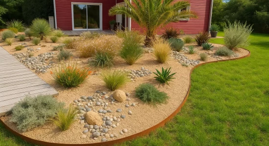 Conception de jardin bord de mer à Issus, améliorée par intelligence artificielle et imaginée par Pierre Ô Jardin, paysagiste créateur en région toulousaine. L’aménagement associe sable clair, galets de Garonne et bordures en acier Corten pour un rendu naturel et harmonieux. Une rivière sèche traverse le jardin, dominée par un palmier Phoenix, dans un esprit méditerranéen raffiné. Une création virtuelle qui illustre la vision et le style unique de Pierre Ô Jardin, mêlant innovation et authenticité du paysage du Lauragais.