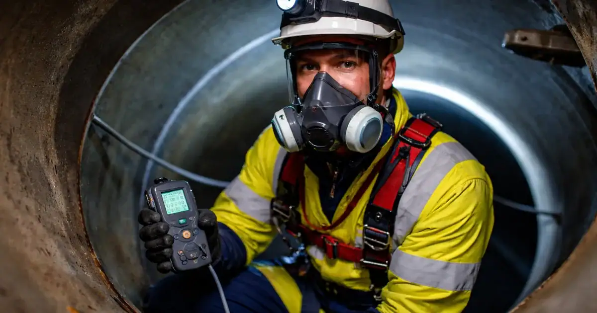 Worker with BA in confined space, using gas detector