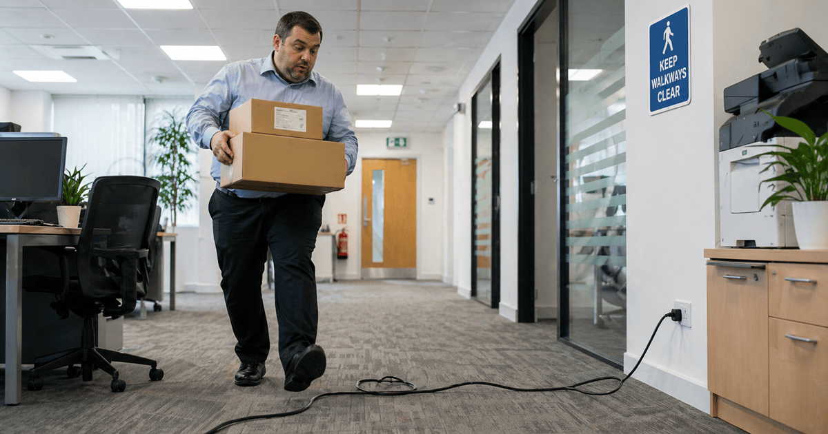 Man carrying boxes about to trip on cable